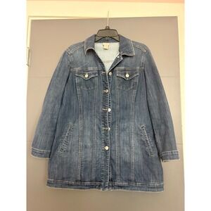 Chicos Denim Jacket Womens 1 Medium Wash Stretch Longline Trucker Blue Size 8/10